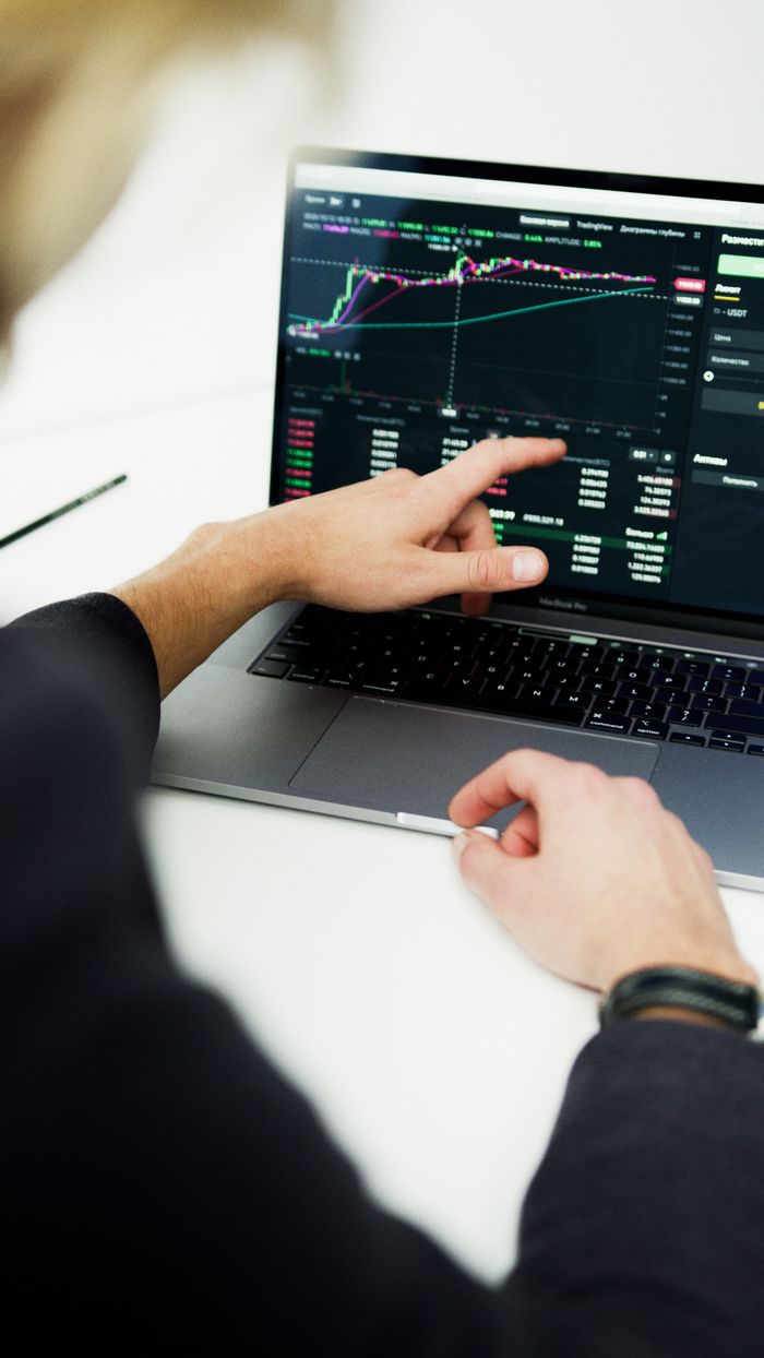 Business professional reviewing stock market trends on a laptop for financial planning.